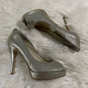 Micheal Kors  open toe Silver glitter platform heels 6.5